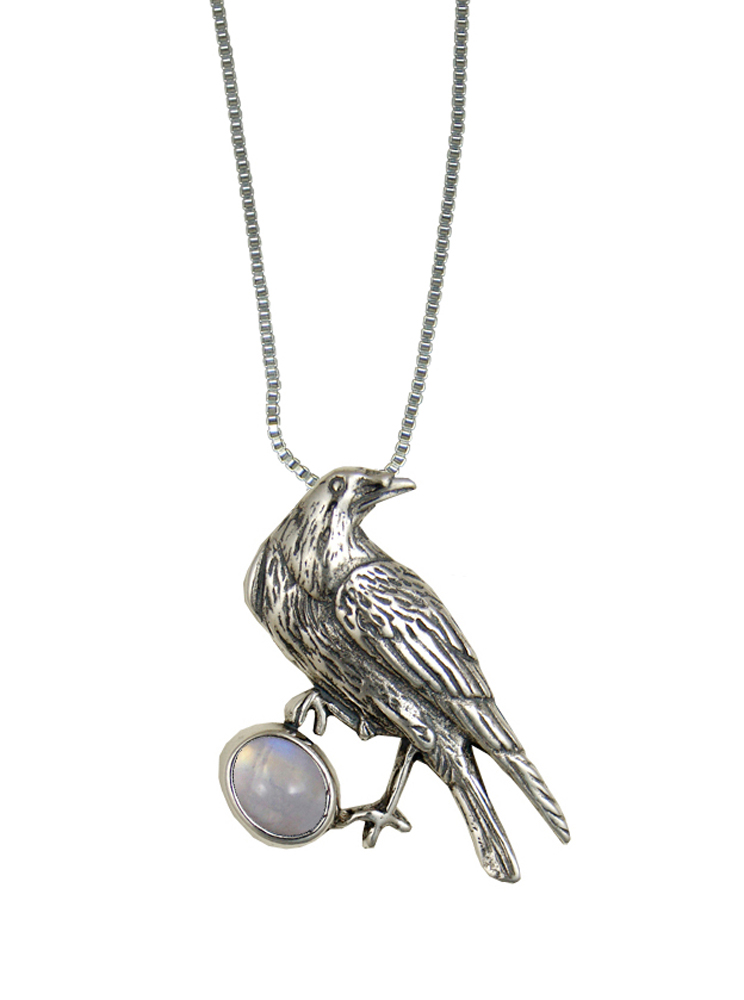 Sterling Silver Raven Pendant With Rainbow Moonstone